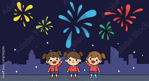 Girls Watching Fireworks Over a City Skyline