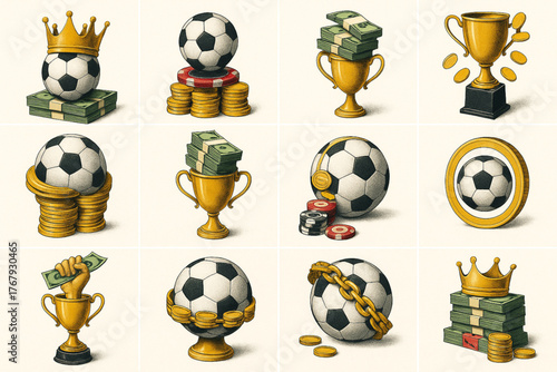 Soccer ball icons with trophies, money, crowns, and symbols of wealth and victory