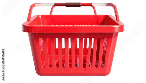 Front-facing view of empty, bright red shopping basket on black background with clear handles, indoor lighting
