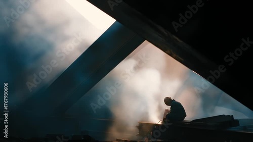 A silhouette of a worker welding steel in a beam of light within an industrial setting