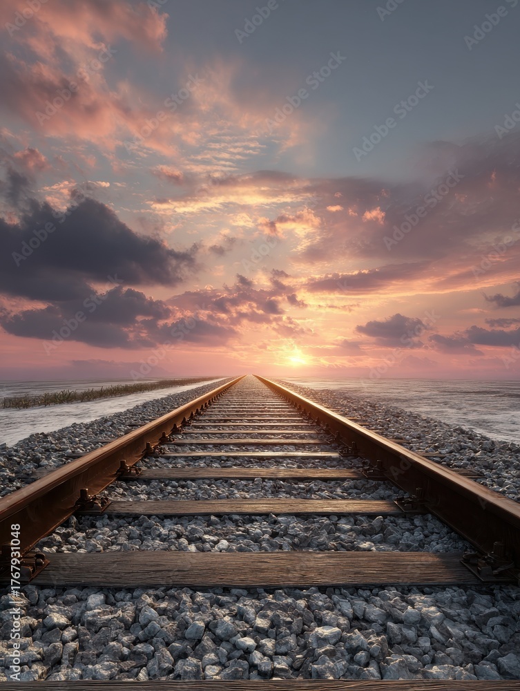 Fototapeta premium railway track leading to horizon in the sunset