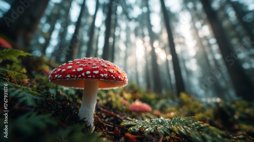 Mushrooms with trees with sunlight. Fly agaric (Amanita muscaria) growing in forest litter. Poisonous, inedible mushrooms in autumn forest, close up. Red hats with white dots, beauty nature Beautiful.