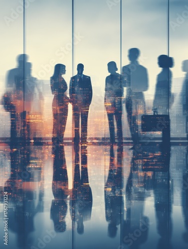 silhouettes of diverse business people working together toned image of office interior and skyscrapers concept of modern office with managers partners  generative ai