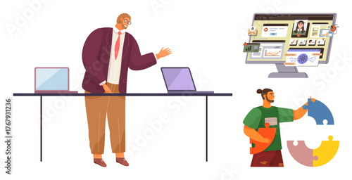 Businessman presenting at a desk with laptops, computer screen showing progress, man assembling a puzzle. Ideal for collaboration, problem-solving, remote work, teamwork, planning, digital tools