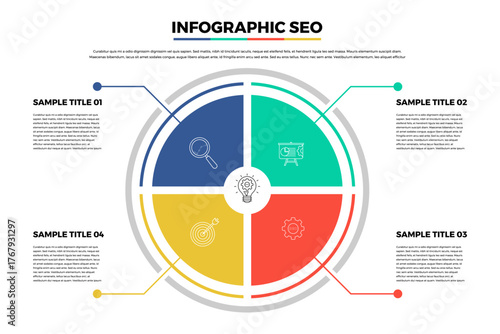Modern circle SEO infographics complete with vector icons and sample text, for information, presentations, web, posters, and company business reports.