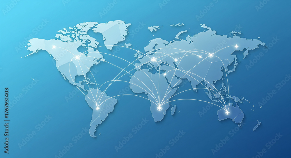 Obraz premium Blue digital world map with connected data points, concept for global business, international communication, worldwide network, and logistics