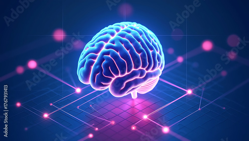 Isometric AI Brain Network with Glowing Data Connections in Futuristic Style