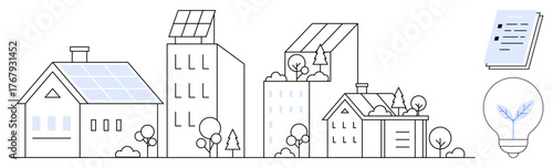 Urban scene featuring solar-panel roofs, greenery, eco-friendly buildings, a document, a lightbulb with a plant. Ideal for renewable energy, eco-lifestyle, urban planning, sustainability innovation