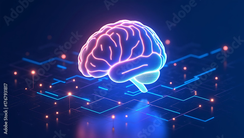 Isometric Futuristic AI Brain with Cyber Data Connections