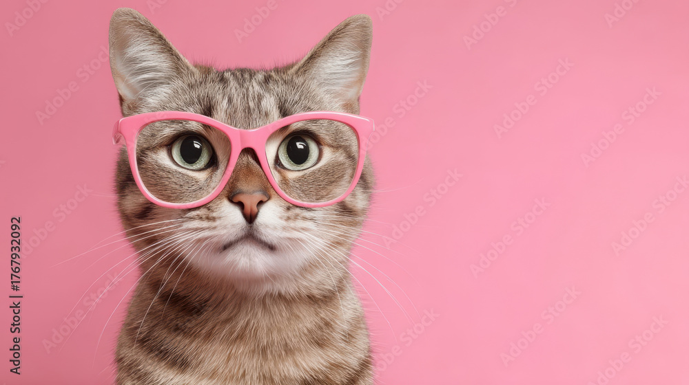 Obraz premium Close-up portrait of a cute cat wearing pink glasses on a pastel background, funny pet concept for social media and advertising