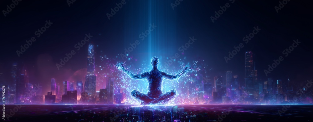 Naklejka premium Futuristic geometric style - Futuristic Digital Meditation in Neon Cityscape - geometric composition