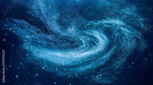 Swirling bioluminescent particles in the deep ocean, an abstract macro shot of glowing plankton creating a cosmic whirlpool effect