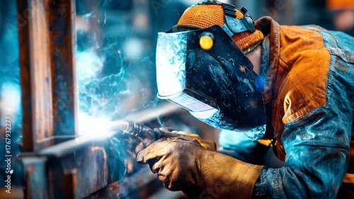 Welder using protective gear working on metal structure in industrial setting