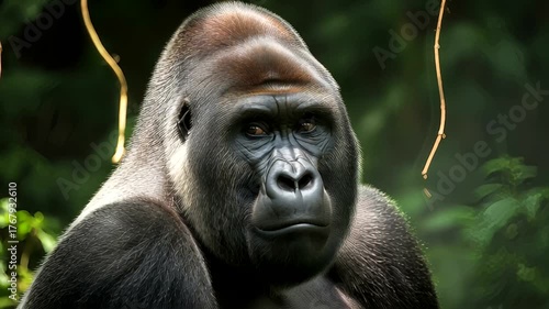 Majestic gorilla in a lush jungle setting, contemplating its surroundings