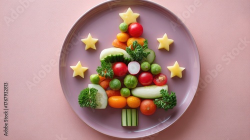 Festive vegetable christmas tree with star-shaped cheese on pink plate