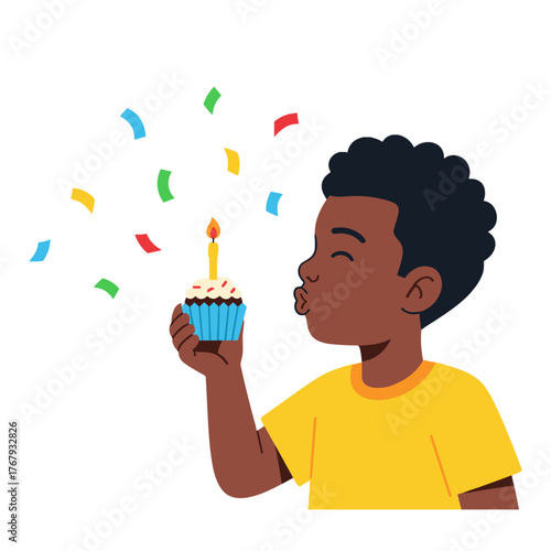 Cute African-American boy blowing birthday candle, character art for party invitation design
