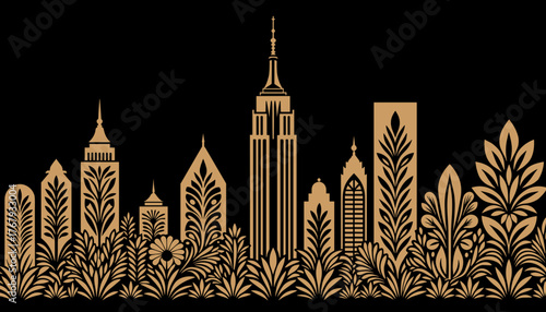 Golden skyline illustration with floral design on black background  