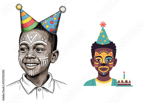 Set of African boy with face paint at birthday illustrations for party invitations and media