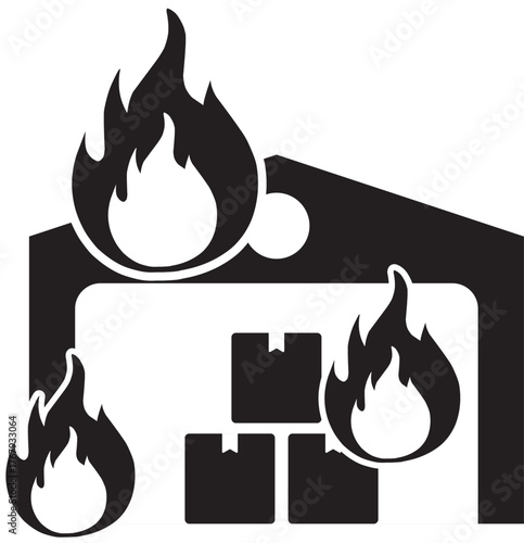Symbol of a warehouse on fire with stacked boxes