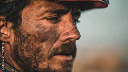 Close up of a rugged weathered individual with dirty face and hard hat looking intently