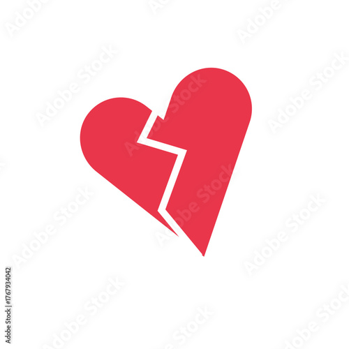 Minimalist red broken heart icon isolated on a white background. A simple, flat vector graphic symbolizing heartbreak, divorce, and sadness.