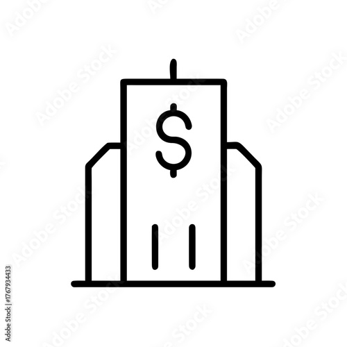 A line art illustration of a building, representing the financial institution with a dollar sign on it