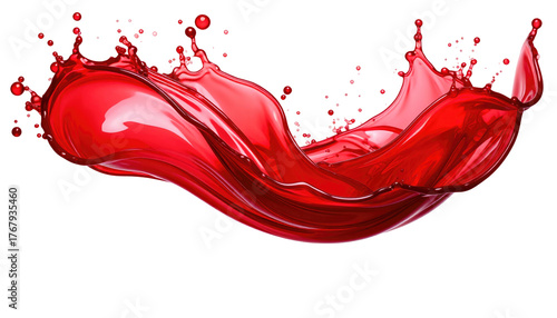 Vivid red liquid splash, isolated on black, creates dynamic curves and droplets in mid-air, suggesting energy and motion