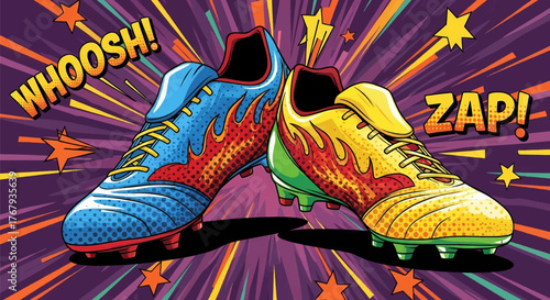 Colorful sports shoes with dynamic energy in a pop art vector illustration style for motivation