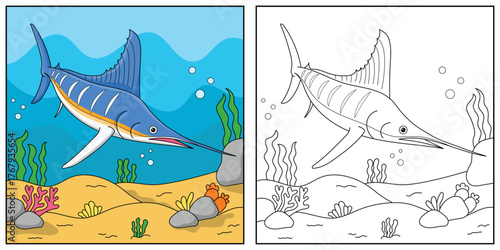 Cute cartoon Marlin Fish, funny illustration, coloring book for kids and children.	