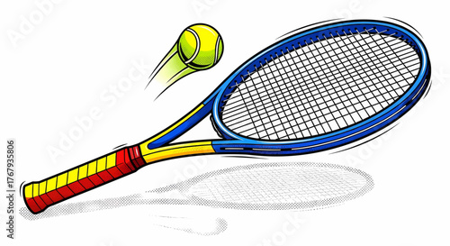 Dynamic energy of a tennis sports hit, a pop art vector illustration for game motivation and action