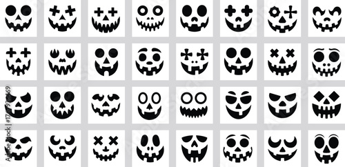 Halloween Pumpkin Faces icon set Bundle, jack-o-lantern faces, skull face icon, scary faces icon, funny faces icon, Scary Halloween Pumpkin Faces Silhouette vector illustration