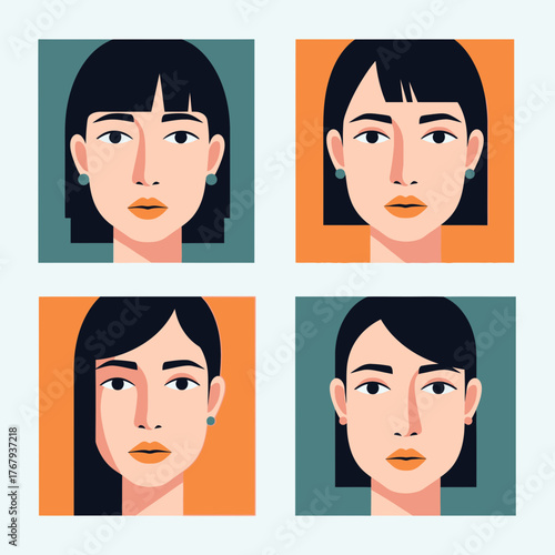 Four minimalist flat design illustrations of diverse women's faces with dark hair and varying hairstyles against two-tone backgrounds.