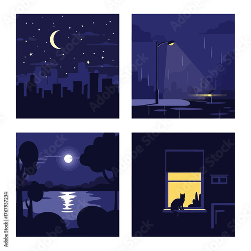 Vector illustrations of four distinct night scenes: a city skyline with moon and stars, a rainy street with a lamp, a moonlit lake with trees, and a cat on a windowsill.