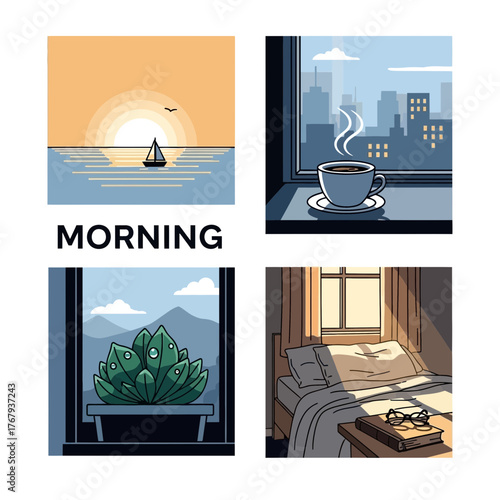 Four vector illustrations depicting various morning scenes including sunrise over the ocean, coffee on a city windowsill, a plant with mountains, and a sunlit bedroom.
