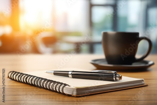 A sleek pen rests on an open notebook beside a steaming cup of coffee in a cozy caf? setting