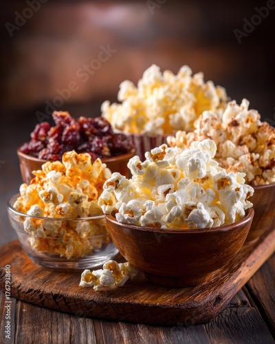 A vibrant display of various popcorn flavors in wooden bowls on a rustic table setting
