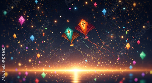 Beautiful Abstract Night Sky Background With Magical Golden Sparks And Illuminated Kites Symbolizing The Indian Harvest Festival Makar Sankranti Uttarayan Celebration And Festive Freedom