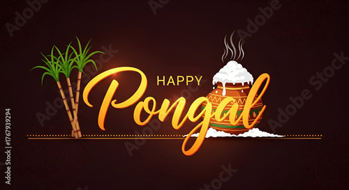 Happy Pongal Festival Illustration Showing Two Traditional Earthenware Pots Overflows With Rice Sugarcane Leaves Fruits Sun And Buntings On A Clean White Background
