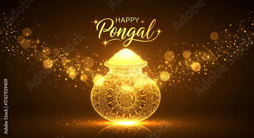 Happy Pongal Golden Script Over Glowing Traditional Clay Pot Design Filled With Rice Adorned With Ornate Mandala Pattern Surrounded By Sparkling Bokeh Light Particles And Warm Festival Background