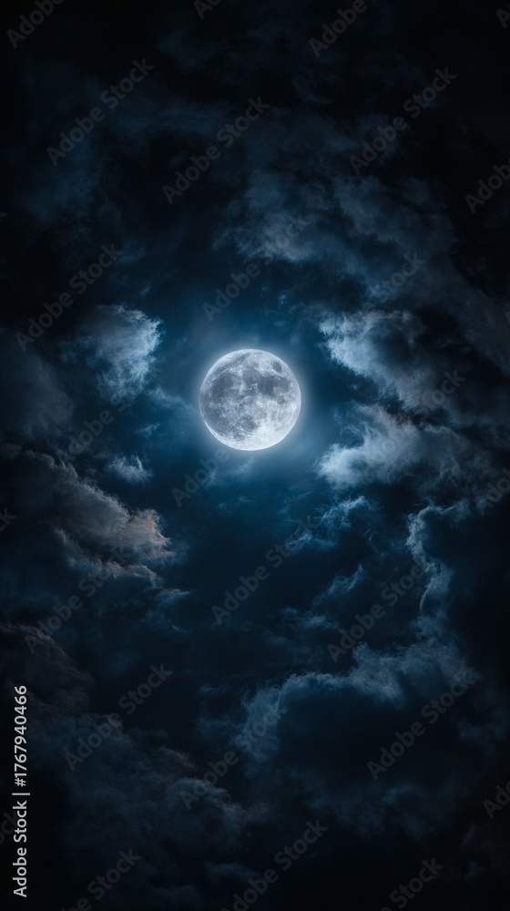 Fototapeta premium phase. Dramatic night sky featuring a full moon with subtle cloud details, evoking a serene celestial atmosphere. travel magazines, destination branding, designed for travel destination branding.