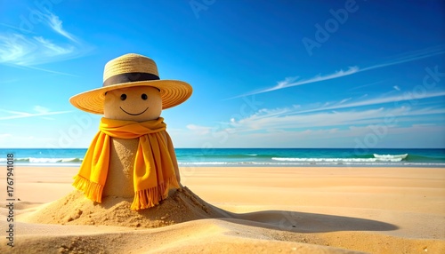 Smiling sandman in hat and scarf on sunny beach