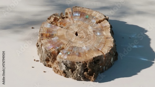Cross-section of a petrified wood log showing concentric growth rings and mineralized texture on a light surface