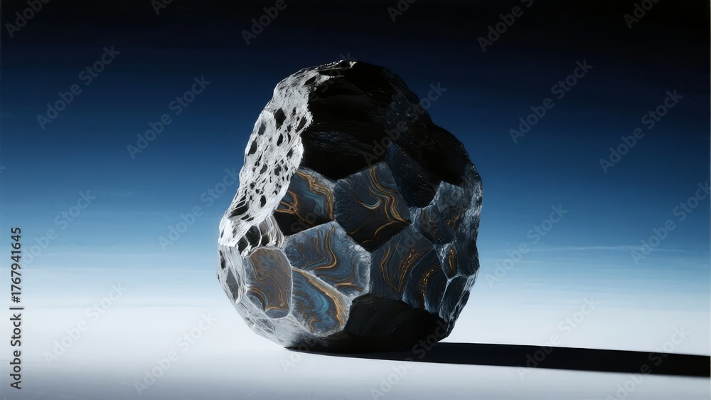 Fototapeta premium A close-up of a dark, porous rock with intricate internal patterns, illuminated against a gradient blue background.