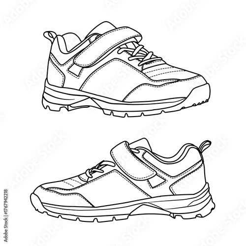 A simple monochrome outline sketch of a cricket shoe shown from two different angles. The sneaker features a velcro strap and laces, perfect for a coloring page or graphic design element.