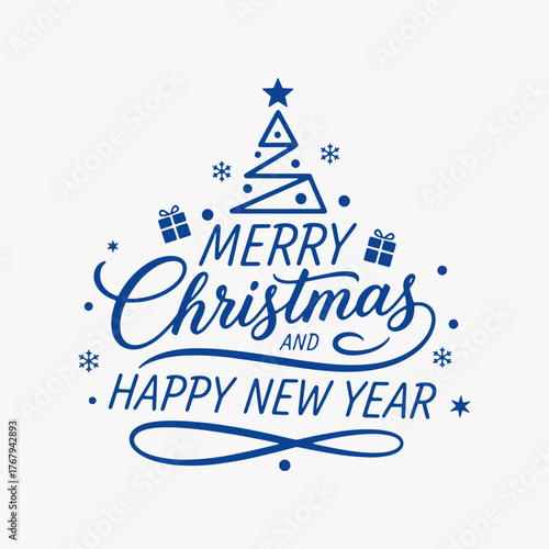The flat design Merry Christmas and Happy New Year focuses on simplicity and ease of recognition. Vector Sign for Banners, Logos, Labels, and Icons.