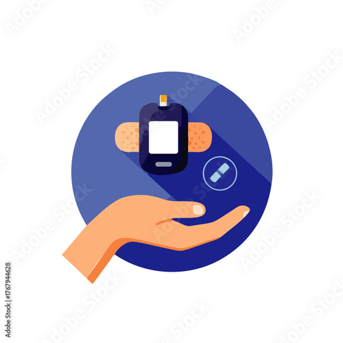 A hand gently holds a glucose meter, symbolizing diabetes management and care, with a bandage and test strip nearby.