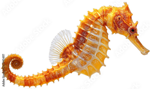 Close-up of a vibrant orange seahorse with a curled tail, fins, and detailed body structure.