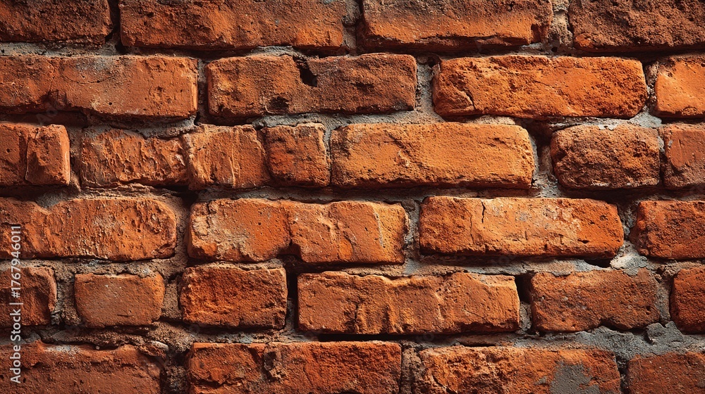 Obraz premium patina. Close-up of weathered red brick wall, warm tones and natural texture evoking rustic charm and history. real-estate listings.