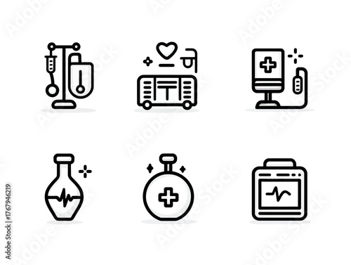 Minimalist Medical Icons Vector Set Featuring Healthcare Equipment and Symbols in Black Line Style