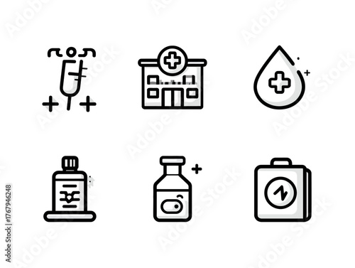 Vector Medical Icon Set with Healthcare and First Aid Symbols in Minimalist Line Style
